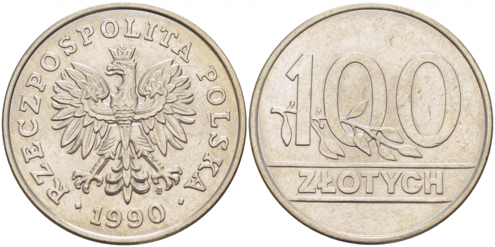 Польша 100 злотых 1990 MW, Демократическая Республика KM 214, Parchimowicz 602 медно-никель UNC 4517-836