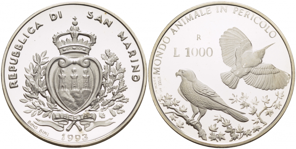 САН-МАРИНО 1000 ЛИР 1993 СЕРИЯ ОХРАНА ОКРУЖАЮЩЕЙ СРЕДЫ, ОРЕЛ ФАЛКОН И ДЯТЕЛ KM 292 серебро PROOF 04-093-32