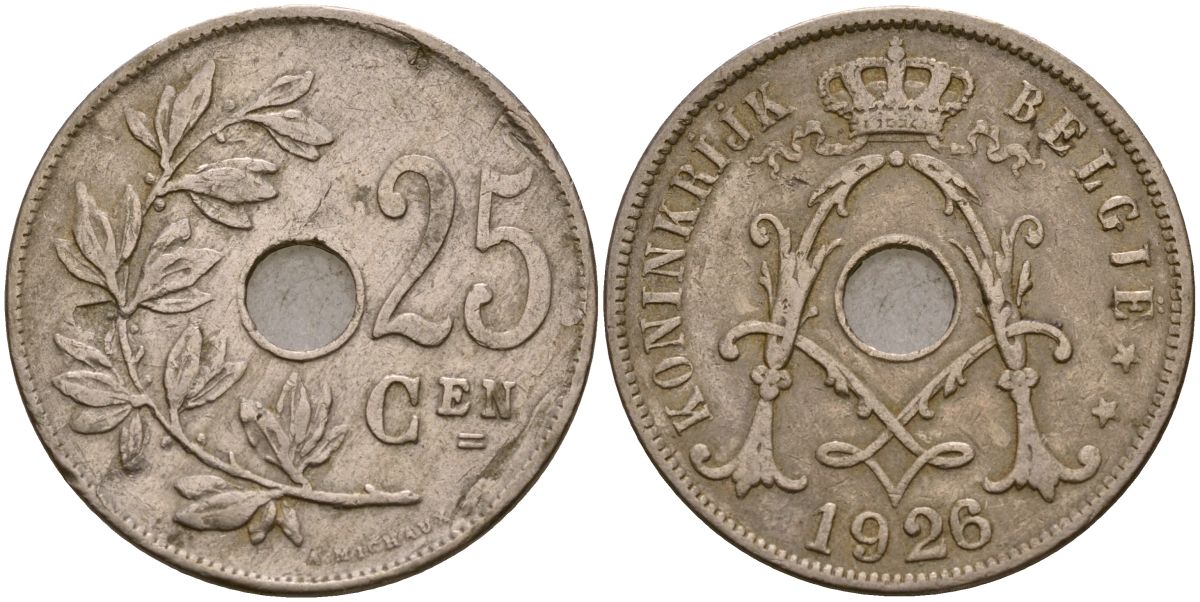 Бельгия 25 сантимов 1926 KM 69 медно-никель 4165-413