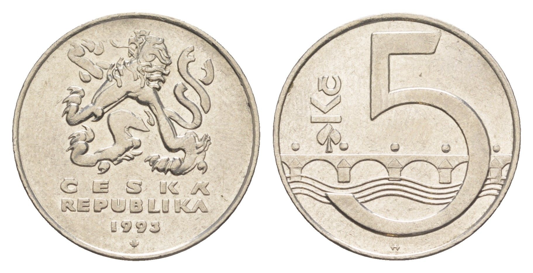 Чехия 5 крон 1993 чешский лев, Карлов мост KM 8 сталь плакированная никелем 4514-715