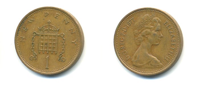 Великобритания 1 пенни 1977 Елизавета II (1952-2022) KM 915, Spink 4237 (B1) бронза 59-1546