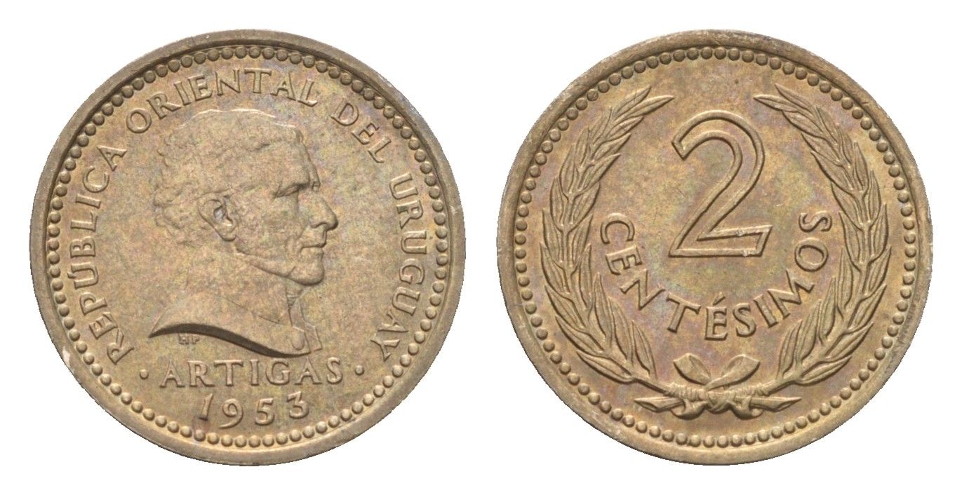 Уругвай 2 сентесимо 1953 год-тип KM 33 медно-никель aUNC 4668-1039