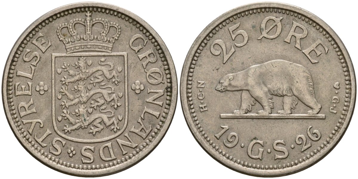 Гренландия 25 эре 1926 NCN; CJ, медведь, датская колония, Кристиан X (1912-1947) KM 5 медно-никель 3711-2115