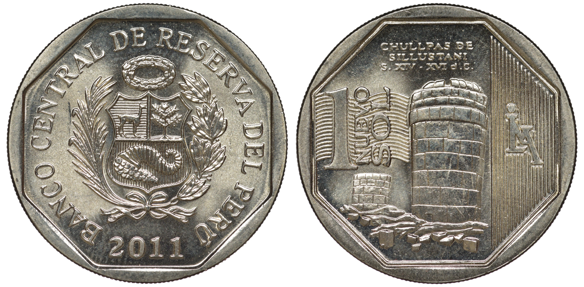 Перу 1 новый соль 2011 чульпа (башня) на кладбище Сильюстани KM 347 медно-никель UNC 4605-252