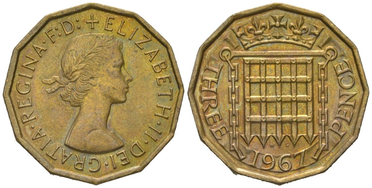 Великобритания 3 пенса 1967 Елизавета II (1952-2022) KM 900, Spink 4153 никель латунь UNC 4618-738