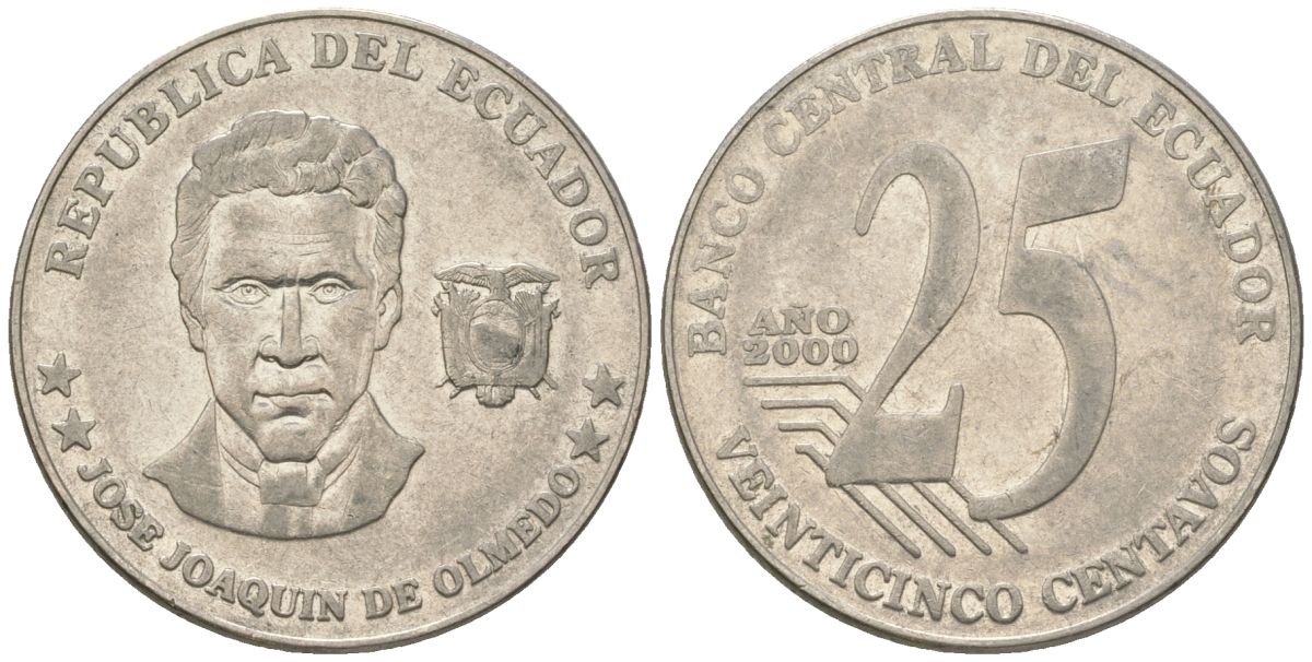 Эквадор 25 сентаво 2000 KM 107 сталь плакированная никелем 4448-533