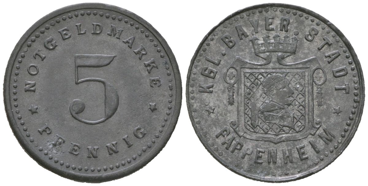Паппенхайм (Бавария) 5 пфеннингов ND Funck 417.1, Men22.2 25288.1 цинк 4169-1259
