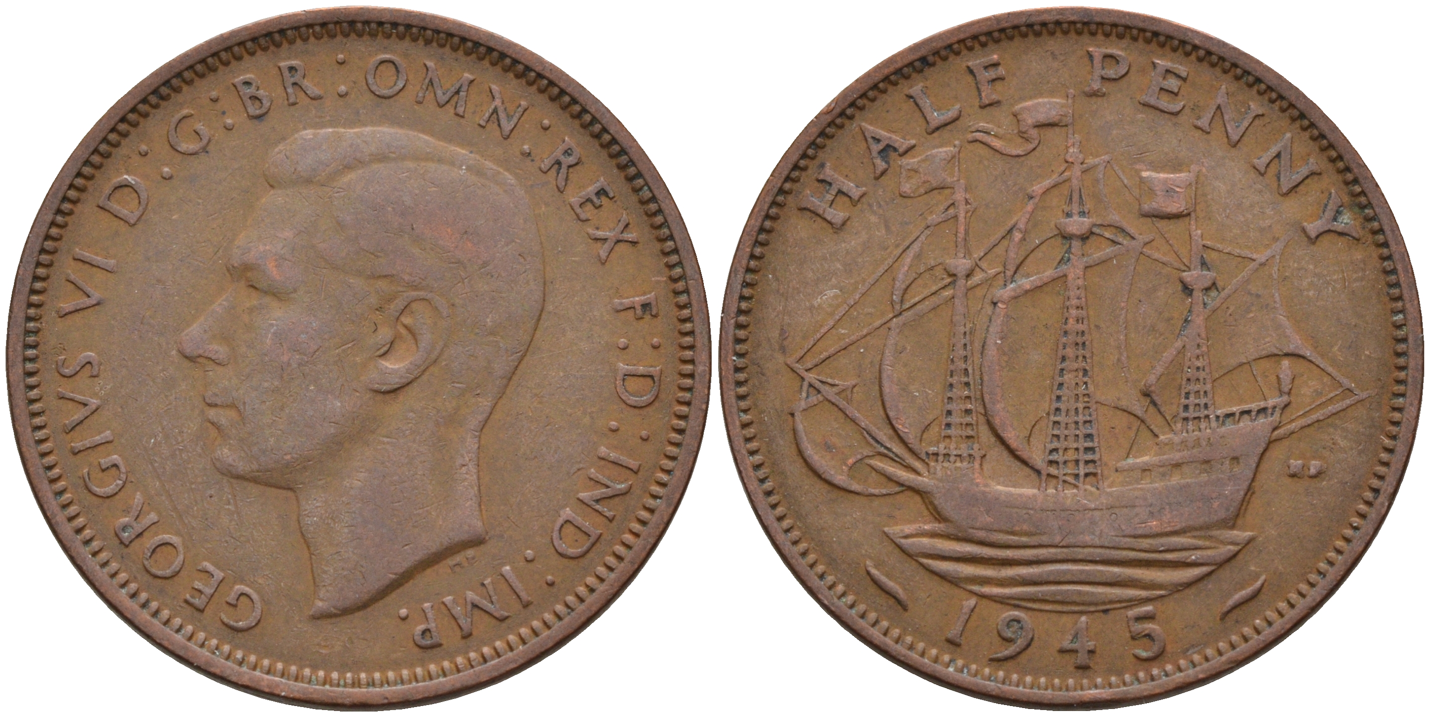 Великобритания 1/2 пенни 1945 Георг VI (1936-1952) KM 844, Spink 4115 бронза 4592-343