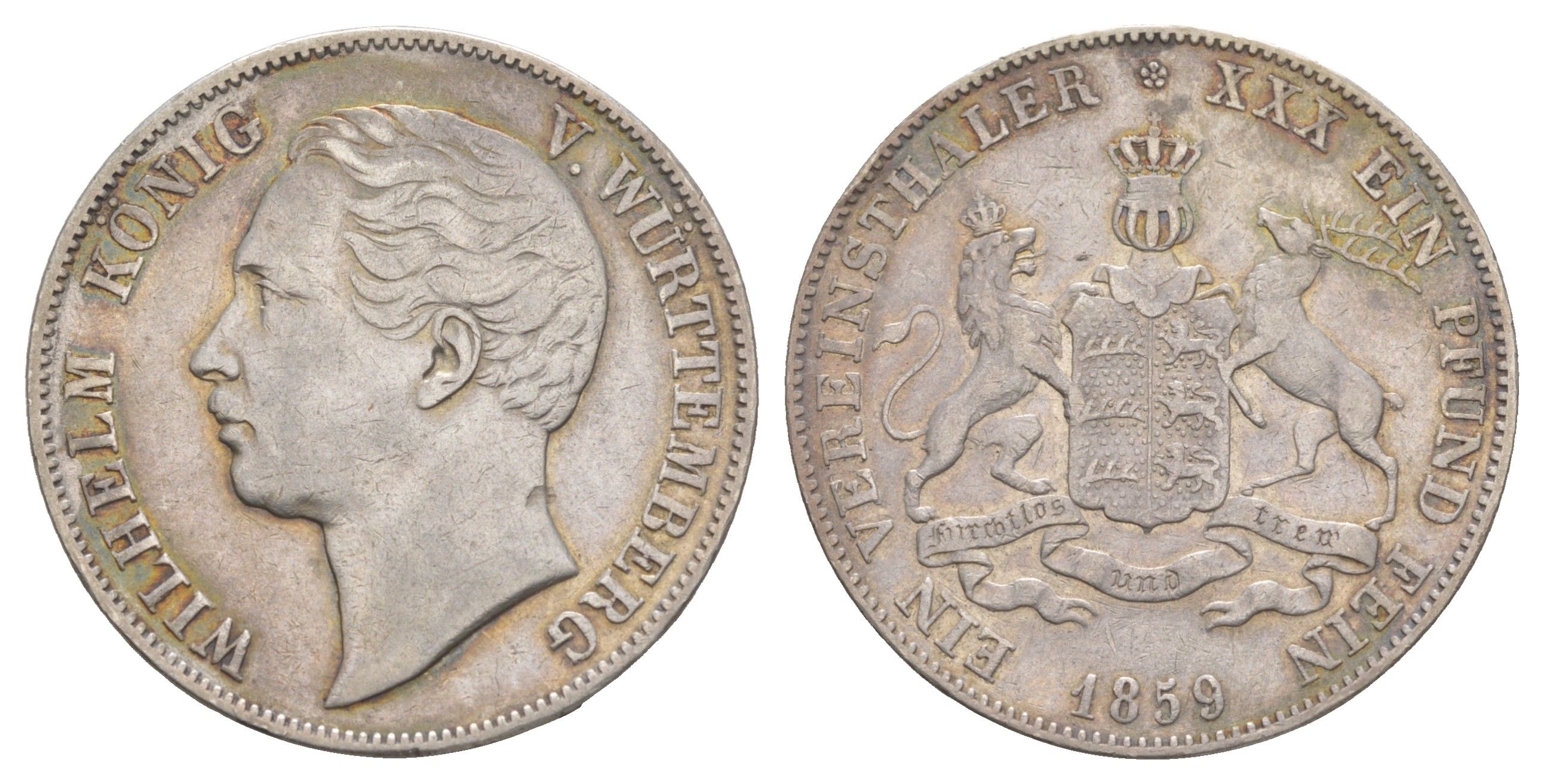 Вюртемберг 1 талер 1859 Вильгельм I (1816-1864) KM 601, Jaeger 83, AKS 77, Davenport 959 серебро 633-1134