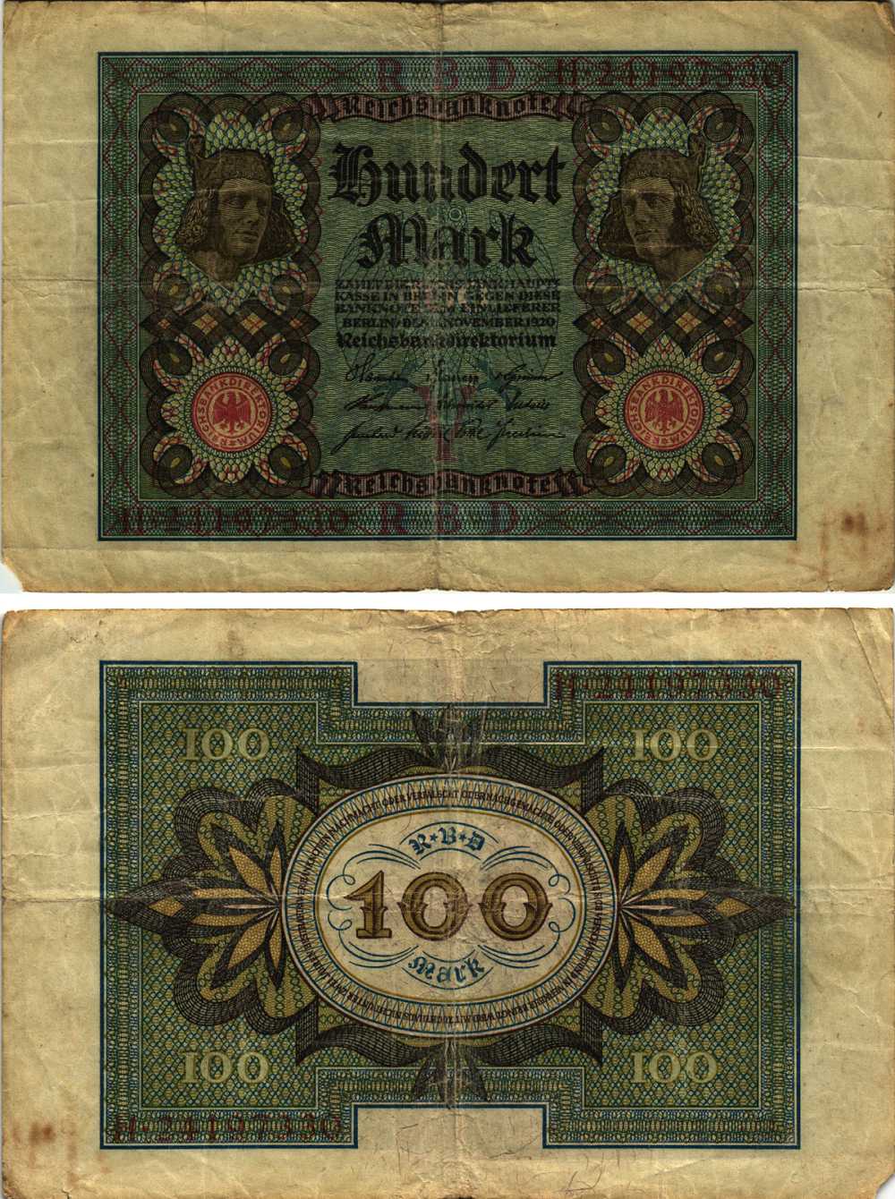 Германия 100 марок 1920 Бамбергский всадник, 8 цифр в номере, серия H, буква Y Pick 69 b, Розенберг 69b бумага 8609-57-1