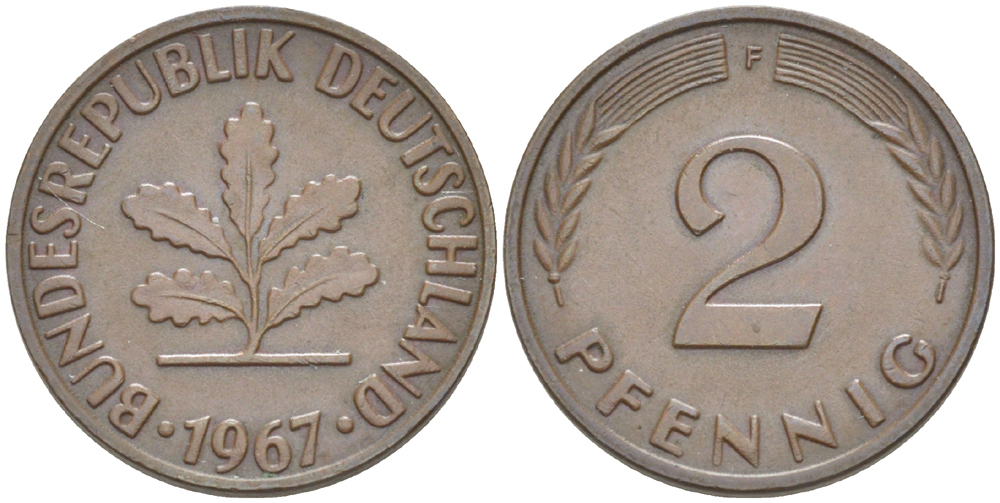 ФРГ 2 ПФЕННИГА 1967 F KM 106, J. 381 бронза 4181-749