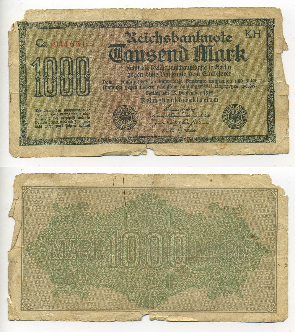 ГЕРМАНИЯ 1000 МАРОК 1922 15 СЕНТЯБРЯ 1922, ВОДЯНОЙ ЗНАК Н, БЕЛАЯ БУМАГА Pick 76f бумага 6289-2-2