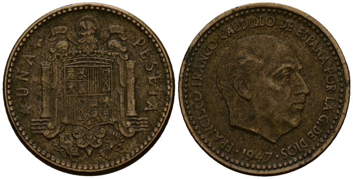 Испания 1 песета 1947 Франсиско Франко (1939 - 1975) KM 775 алюминиевая бронза 4177-916