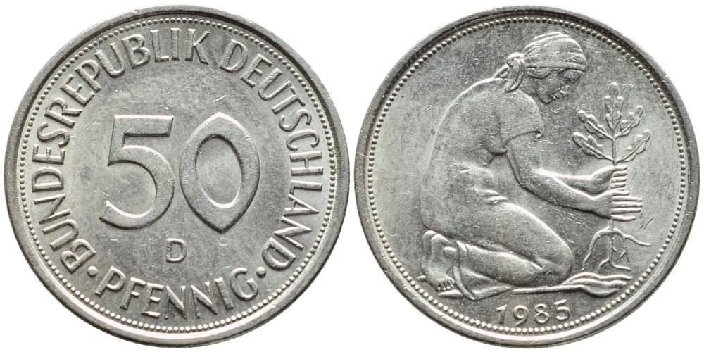 ФРГ 50 ПФЕННИГОВ 1985 D КМ 109.2 J.384a медно-никель 4392-1052