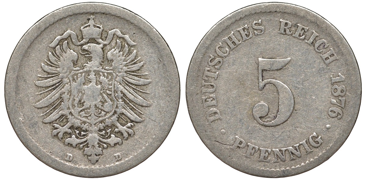 Германия 5 пфеннигов 1876 D, старогербовка KM 3, J. 3 медно-никель 51-3456