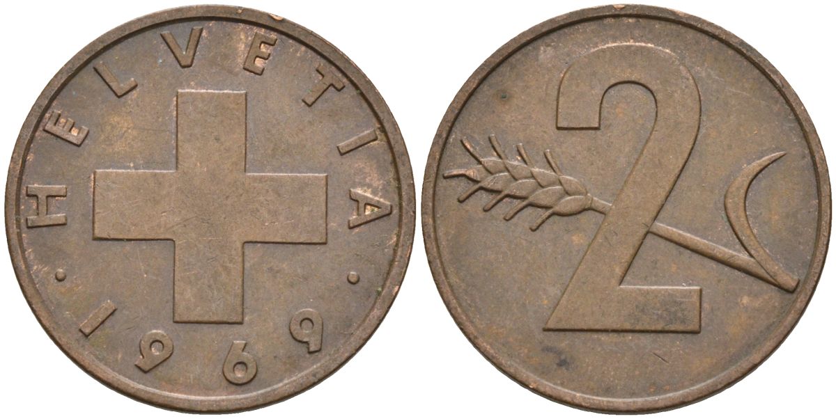 Швейцария 2 раппена 1969 KM 47 бронза 4541-335