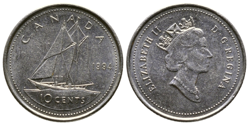 КАНАДА 10 ЦЕНТОВ 1994 ПАРУСНИК, ЕЛИЗАВЕТА II KM 183 никель 179-649