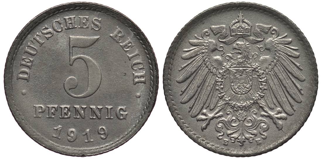 ГЕРМАНИЯ 5 ПФЕННИГОВ 1919 E KM 19, Jager 297, Weege 5 железо 4547-616