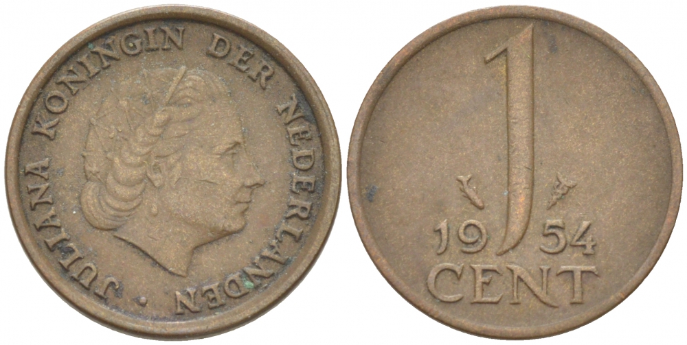 Нидерланды 1 цент 1954 Юлиана (1949-1980) KM 180 бронза 3955-225