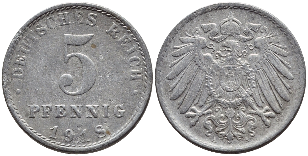 ГЕРМАНИЯ 5 ПФЕННИГОВ 1918 A KM 19, J 297 железо 4396-265