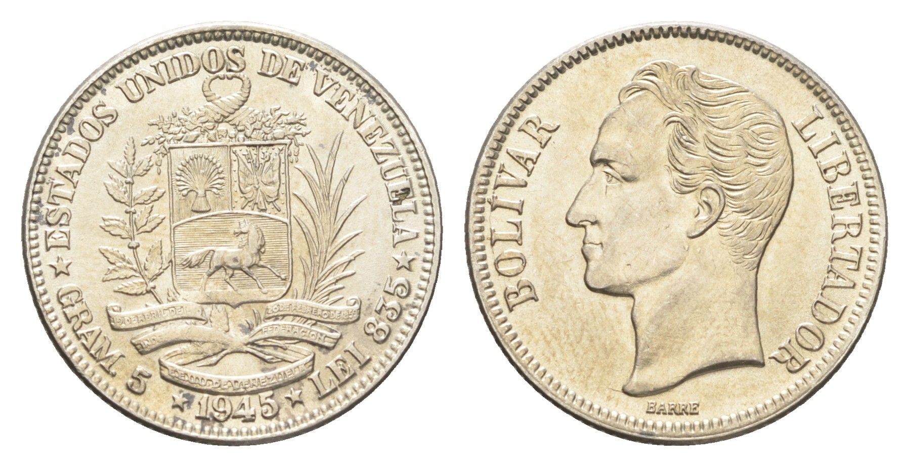 Венесуэла 1 боливар 1945 Y 22a серебро 4127-1541