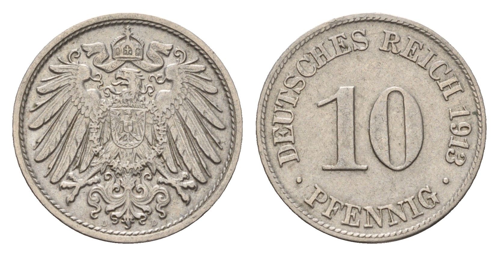 Германия 10 пфеннигов 1913 D, Вильгельм II (1888-1918) KM 12, J. 13 медно-никель 4636-1015