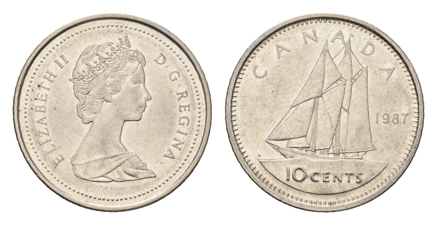 Канада 10 центов 1987 Елизавета II (1952-2022), парусник KM 77 никель 4689-557