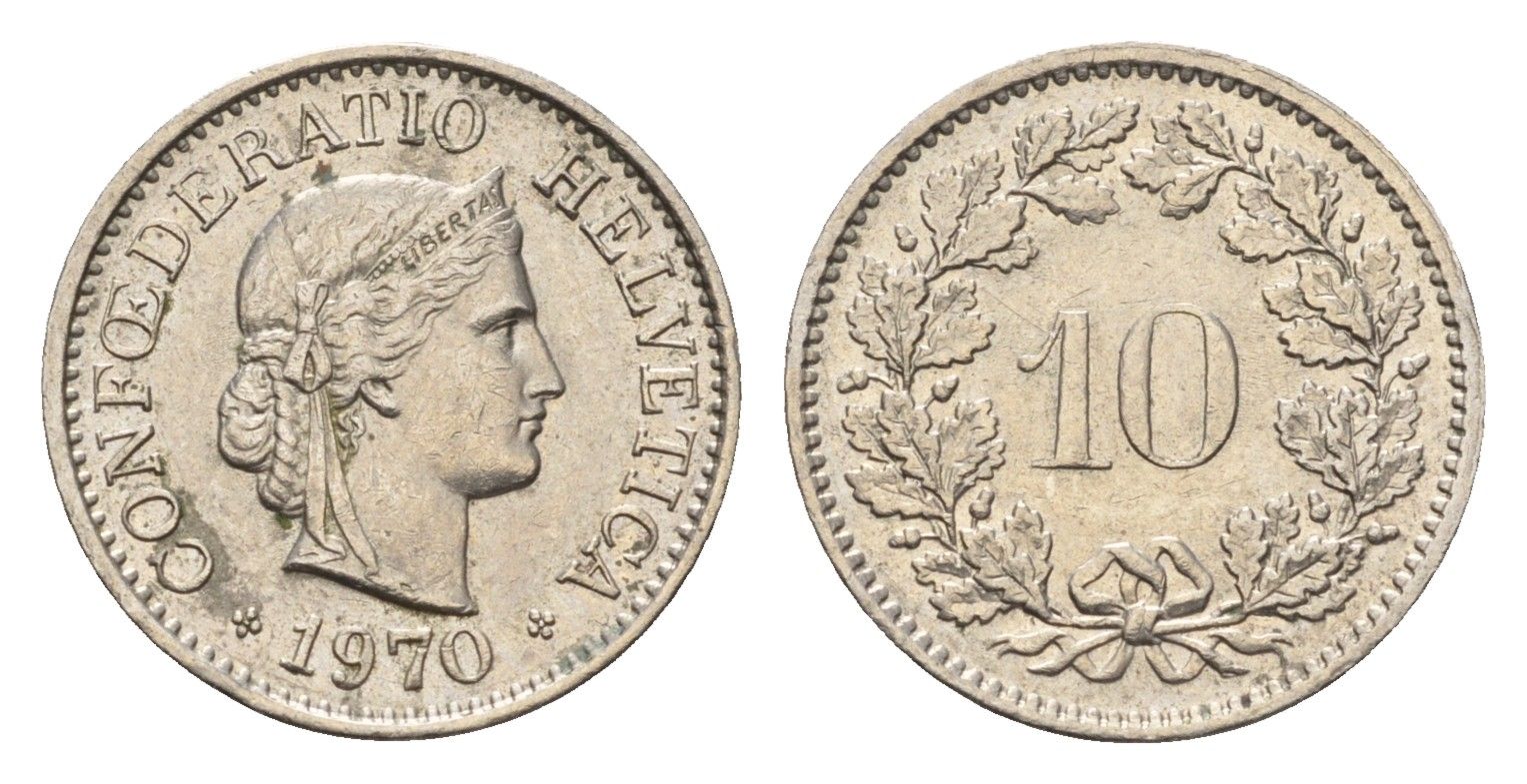 Швейцария 10 раппенов 1970 KM 27 медно-никель 4685-255