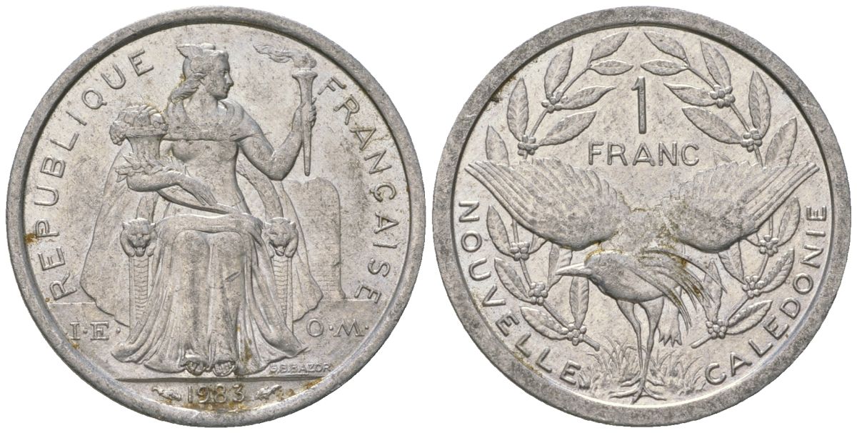 Французская Новая Каледония 1 франк 1983 птица кагу, (IEOM) KM 10, Schoen 10, Lec 46 алюминий    51-2622
