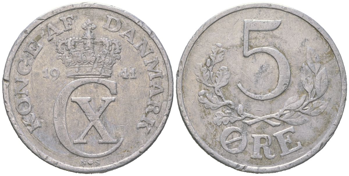 Дания 5 эре 1941 N; S, Кристиан X (1912-1947) KM 834 алюминий 4536-331