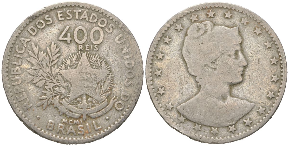 Бразилия 400 реалов 1901 MCMI, голова свободы вправо KM 505 медно-никель 4612-524