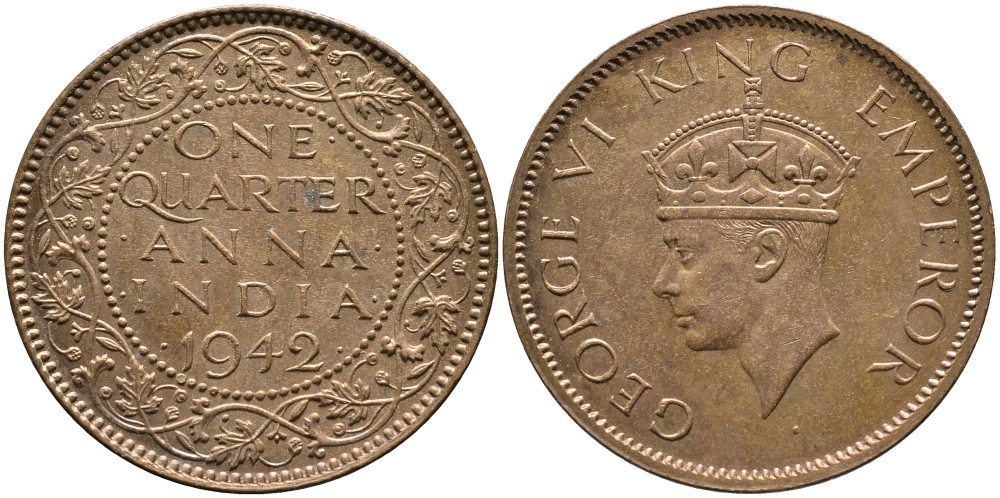 Британская Индия 1/4 анна 1942 Георг VI (1937-1952) KM 531 бронза aUNC 4364-834