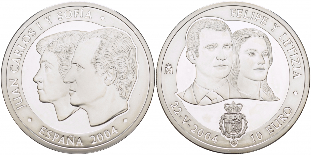 Испания 10 евро 2004 свадьба принца Фелипе и Летисии 24.05.2004 KM 1097 серебро  PROOF  11-163-34