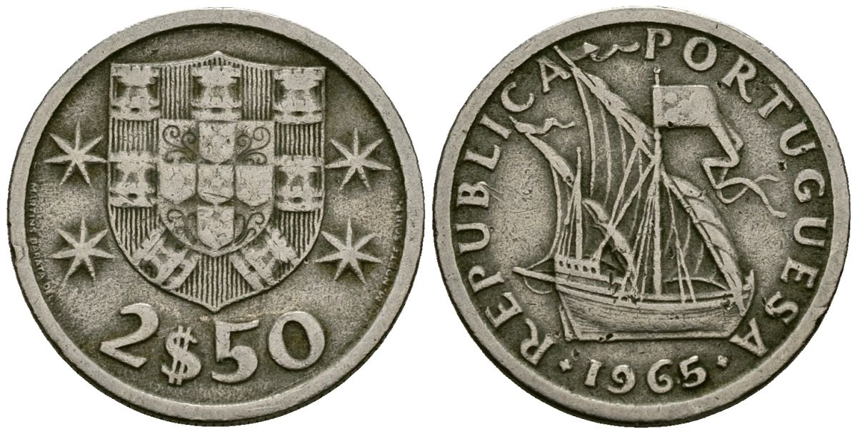 Португалия 2,5 эскудо 1965 парусник KM 590 медно-никель 4176-1234