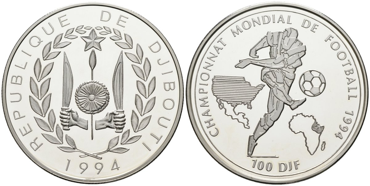 Джибути 100 франков 1994 чемпионат мира по футболу 1994 года в США, тираж 15000 экз. KM 29 серебро PROOF 00-00