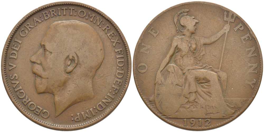 Великобритания 1 пенни 1912 Георг V (1910-1936) KM 810, Spink 4051 бронза 111-1224