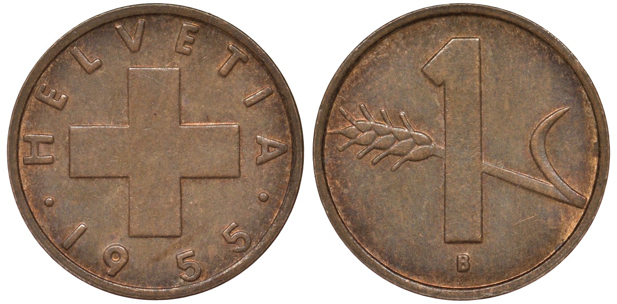 Швейцария 1 раппен 1955 KM 46 бронза 4164-115