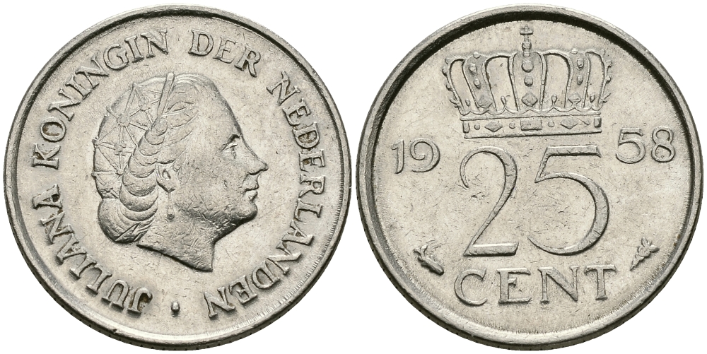 НИДЕРЛАНДЫ 25 ЦЕНТОВ 1958 ЮЛИАНА KM 183 никель 96-139