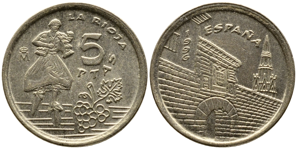 Испания 5 песет 1996 Хуан Карлос I (1975-2014), Риоха (La Rioja) KM 960 алюминиевая бронза 3458-216