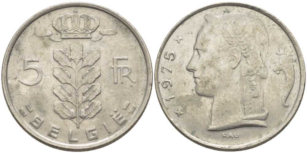 Бельгия 5 франков 1975 Belgie, Бодуэн I (1951-1993) KM 135.1 медно-никель 119-833