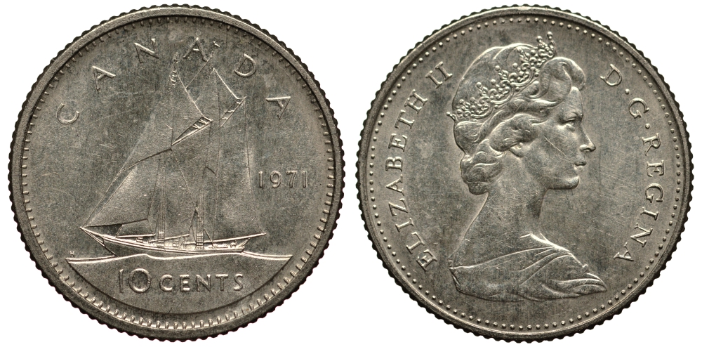 КАНАДА 10 ЦЕНТОВ 1971 ПАРУСНИК KM 77.1 никель XF- 4181-333
