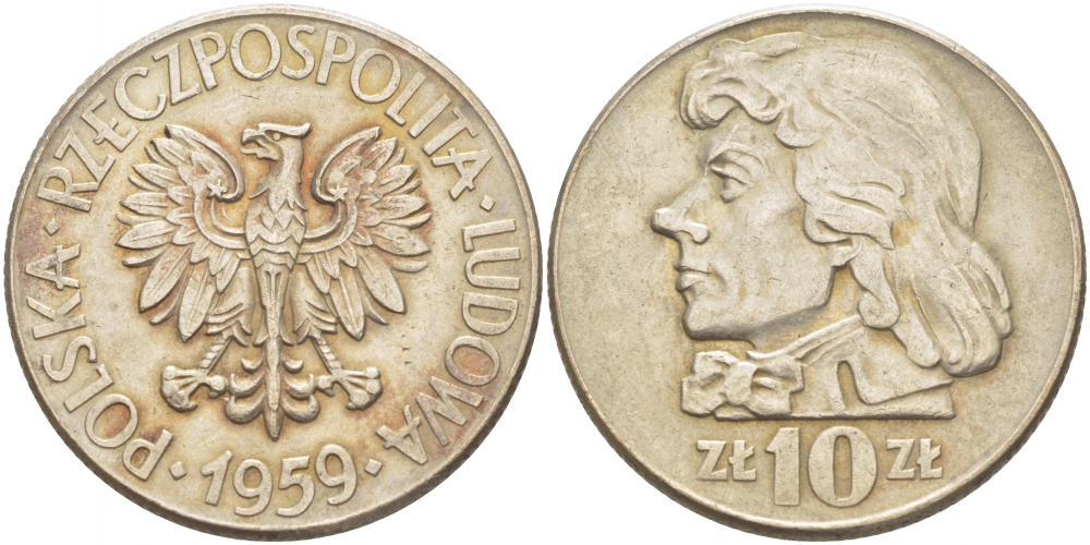 Польша 10 злотых 1959 MW, Тадеуш Костюшко, первый год KM 50 медно-никель 4403-532
