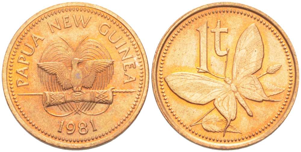 Папуа-Новая Гвинея 1 тойя 1981 бабочка KM 1 бронза UNC 4516-258