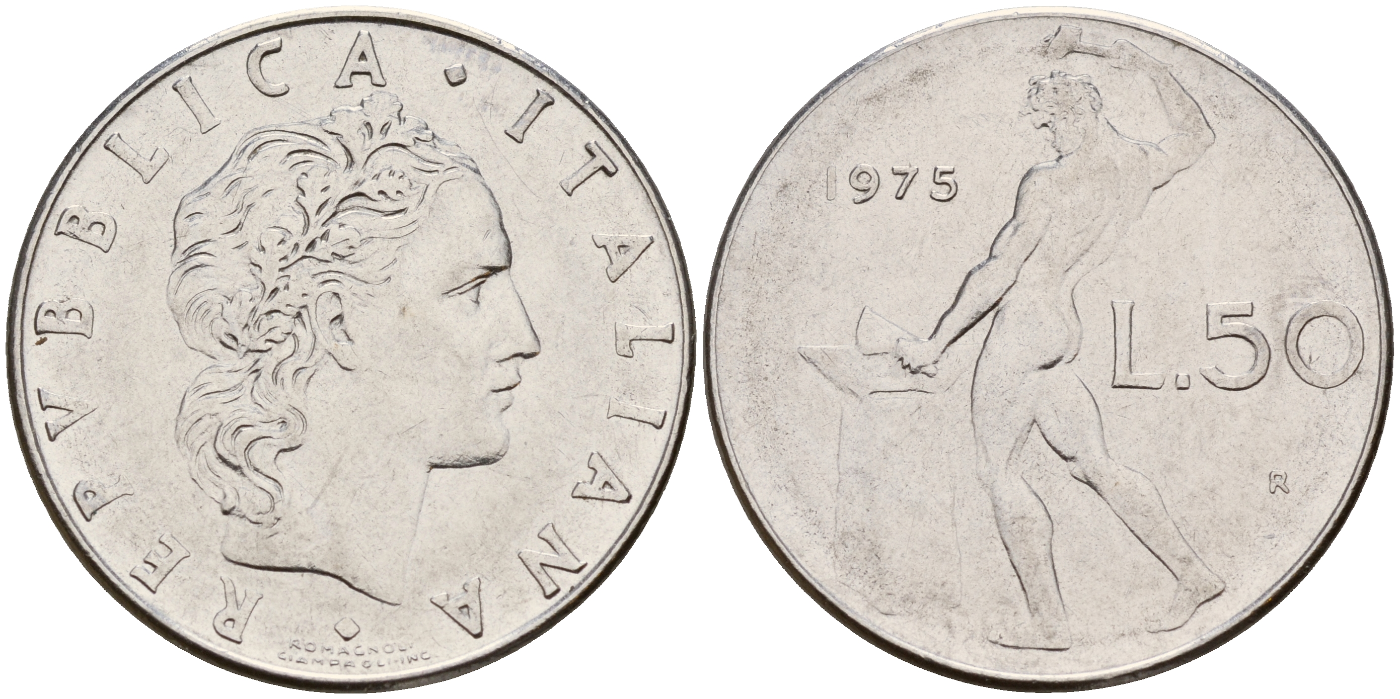 Италия 50 лир 1975 R, бог огня Вулкан у наковальни KM 95.1 сталь    4601-1046