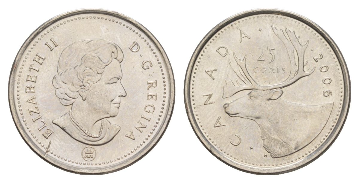 Канада 25 центов 2006 Leaf, Елизавета II (1952-2022), олень KM 2296 сталь плакированная никелем UNC 4631-723
