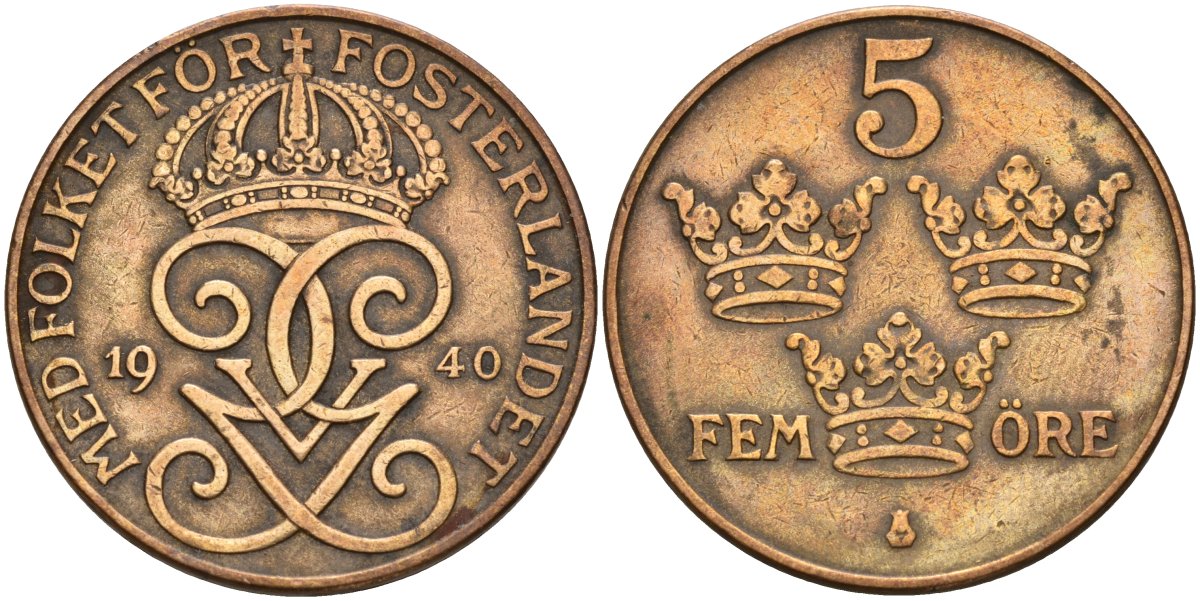 Швеция 5 эре 1940 Густав V (1907-1950) KM 779.2 бронза 4148-235