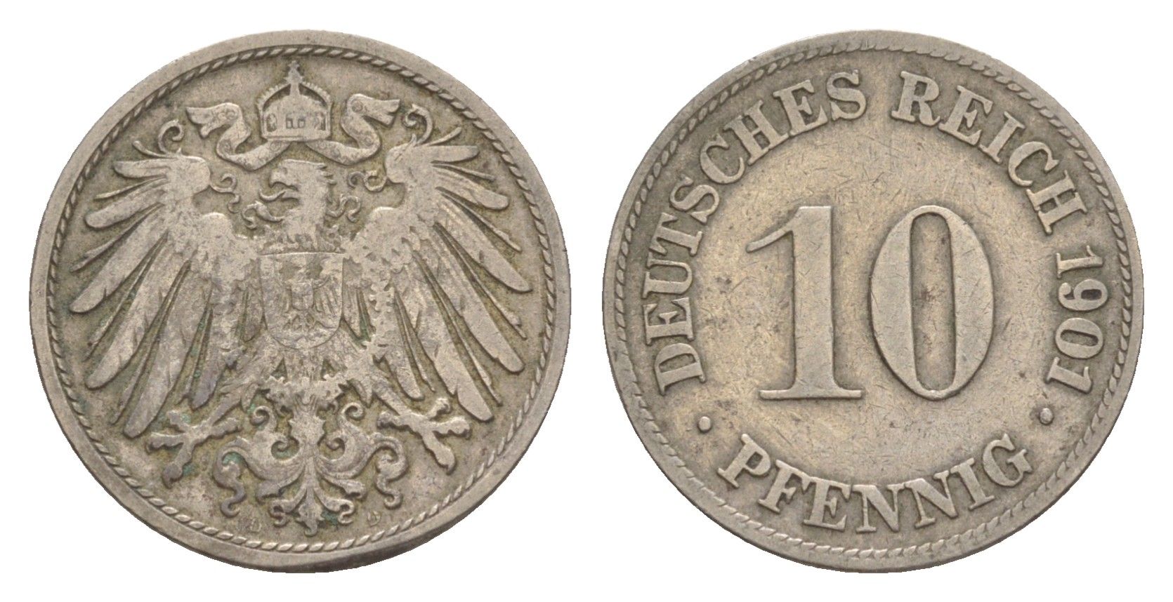 Германия 10 пфеннигов 1901 D, Вильгельм II (1888-1918) KM 12, J. 13 медно-никель 4640-251