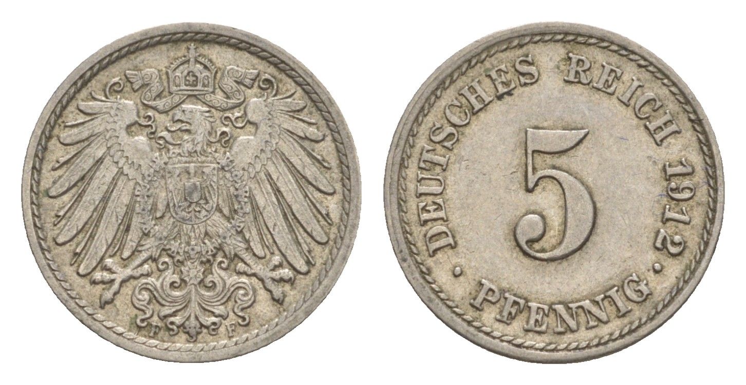 Германия 5 пфеннигов 1912 F, Вильгельм II (1888-1918) KM 11, J. 12 медно-никель 4640-142