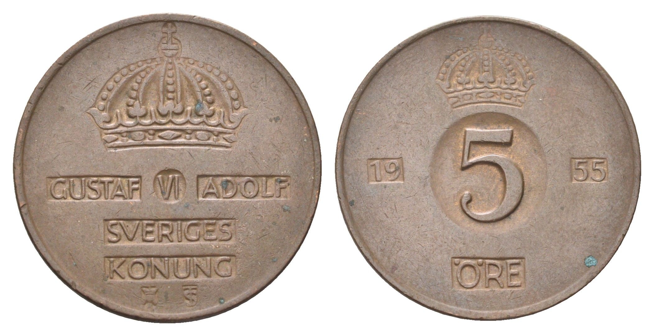 Швеция 5 эре 1955 TS Густав VI Адольф (1950-1973) KM 822 бронза 4706-951