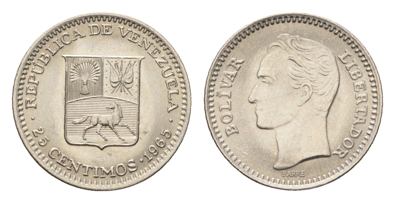 Венесуэла 25 сентимо 1965 год-тип, Симон Боливар Y 40 никель UNC 4668-1026